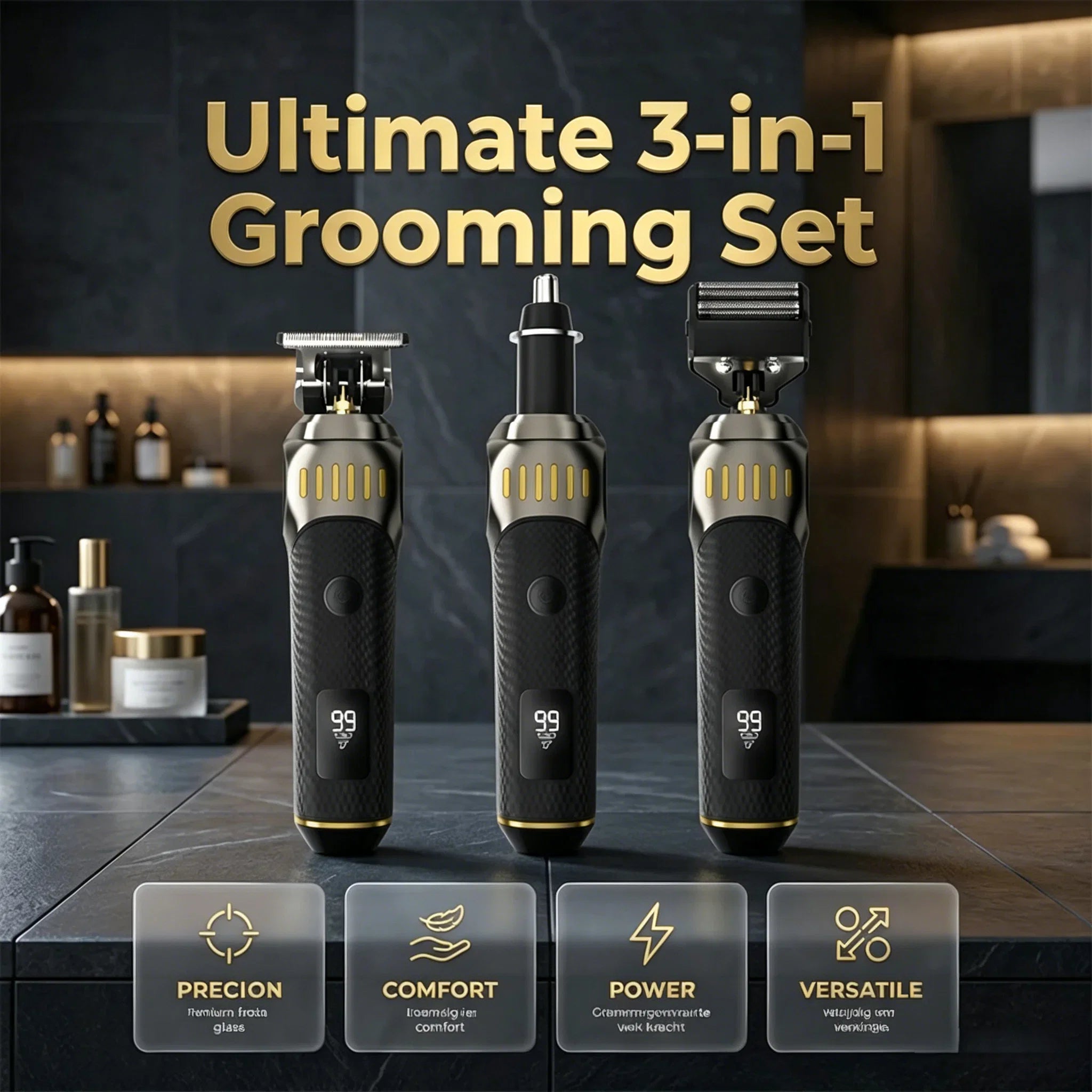 ⏳LIMITED TIME: 50% OFF! 🏆Luxe 3-in-1 Professional Men’s Grooming Set – T-Blade Trimmer, Foil Shaver & Nose Trimmer – With LED Display & USB Rechargeable