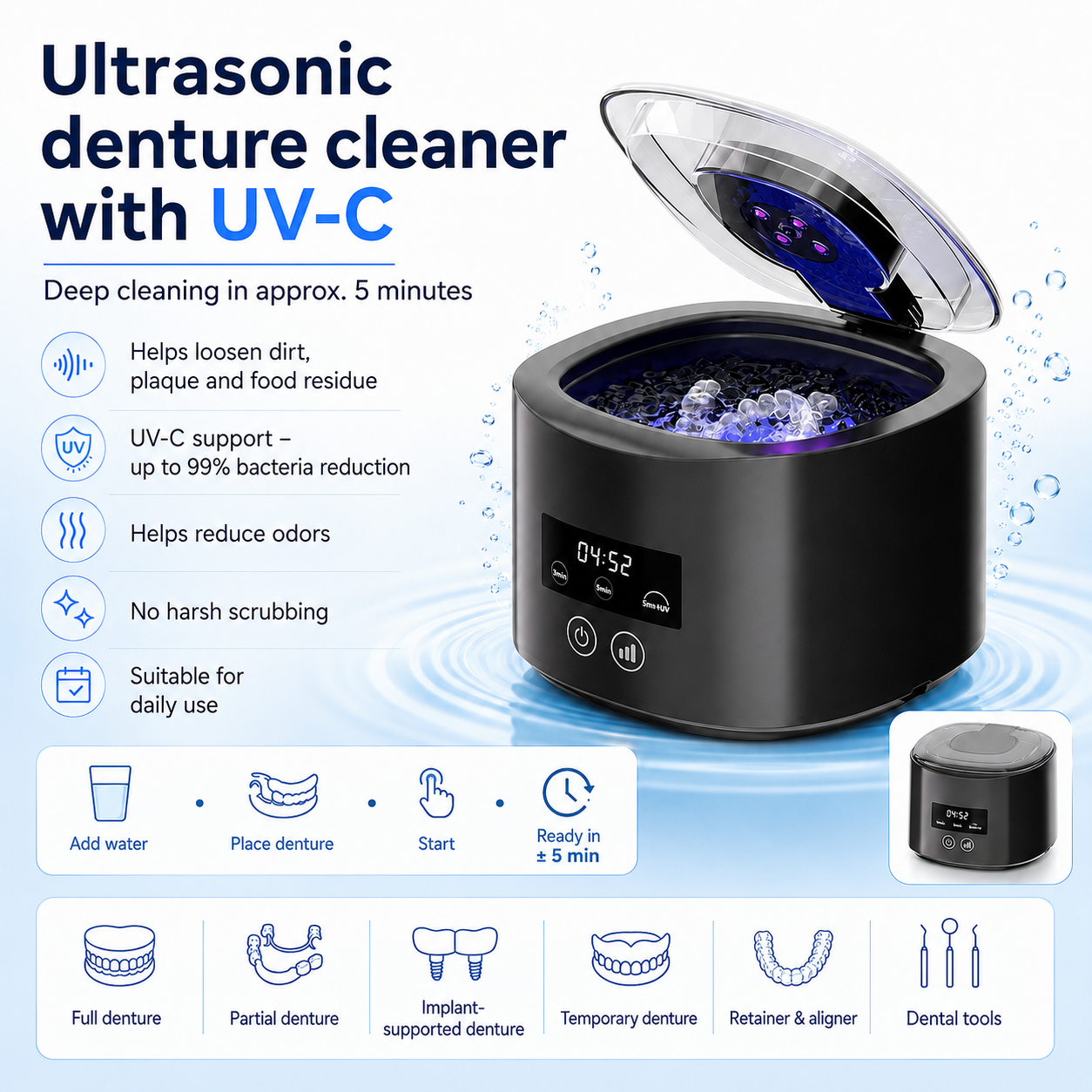 ❄️Summer Sale: 50% Off!🦷Denture Dome Ultrasonic UV-C Cleaner – For fresher, cleaner dentures in just 5 minutes