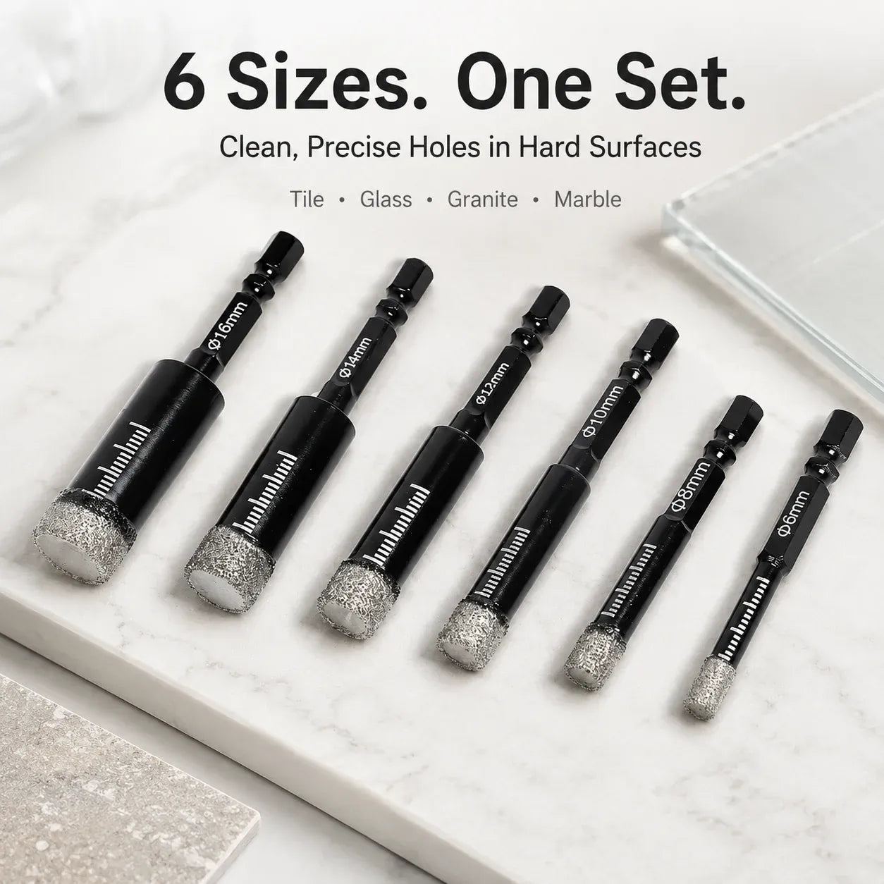 🔥6 Pcs Diamond Drill Bits Set, 1/4 5/6 3/8 1/2 Inch Brazed Diamond Drill Bits for Precision Drilling in Tile Ceramic Glass Granite Marble Masonry