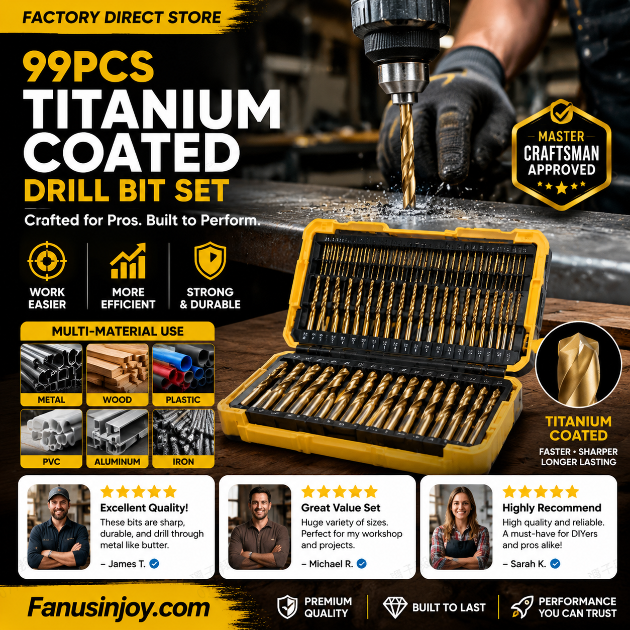 🔥Limited time 50% OFF!🔧 High-efficiency tool favored by veteran craftsmen!Factory Outlet-99pcs Titanium Coated Drill Bit Set