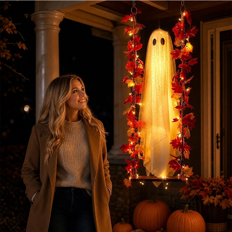 Hanging Halloween Ghost on Swing with Remote LED and Maple Leaves