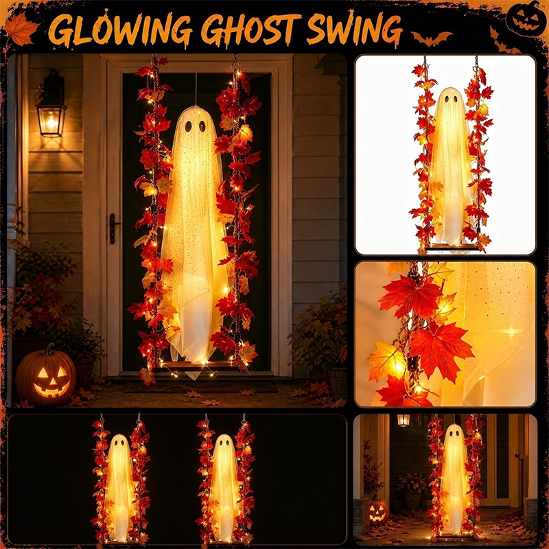 Hanging Halloween Ghost on Swing with Remote LED and Maple Leaves